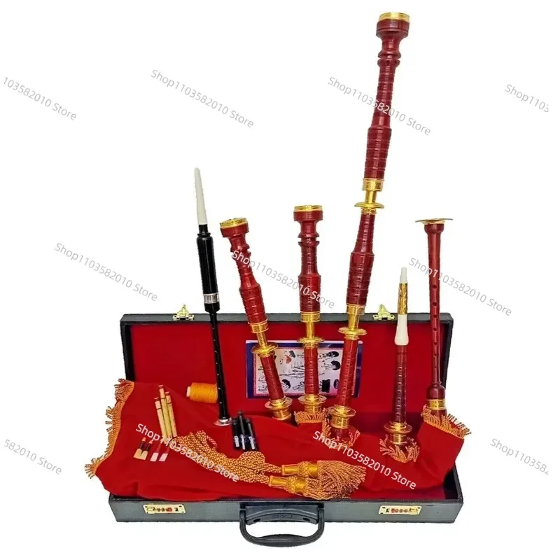 Handcrafted Highland mahogany all-gold bagpipes with hard case and instructor's book for high-quality Scottish instruments