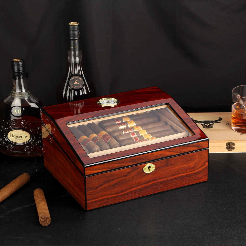 GALINER Spain Cedar Wood Humidor Home Glass Top With Humidifier Hygrometer Cigar Accessories Fit 50 CT Humidor Storage Cigar Box