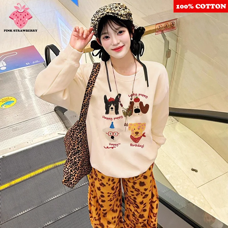 

Retro Apricot Cute Print Plush Sweatshirt Women Autumn 2025 New Oversize Long sleeves Casual Pullover Y2K Tops kawaii clothes