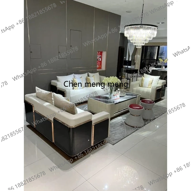

Italian light luxury leather sofa fully equipped French style simple luxury villa living room high-end model room furniture