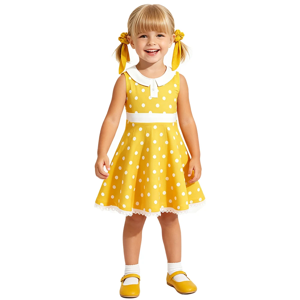 Halloween Girls Gabby Costume Anime Character Vintage Doll Dress Up Retro 50s Style Toddler Yellow Polka Dot Lace Trim Dress