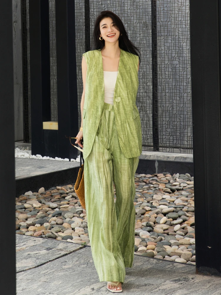 Zeroyk Women's Linen Set Loose Feel Wide Leg Pants And Vest Two Piece Set Vintage Style Gradient Color Design Summer Fashion