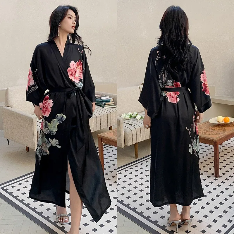 Smooth and Soft Satin Printed Pajamas Women's Summer Large Size Light Luxury Seven-quarter Sleeves Cool Long Pajamas Loungewear