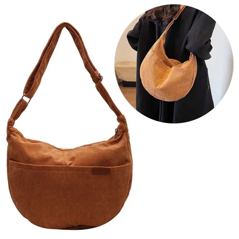 

Women Multi Pocket Handbag Versatile Zipper Shoulder Bag Adjustable Strap Corduroy Satchel Bag Shopping Bag