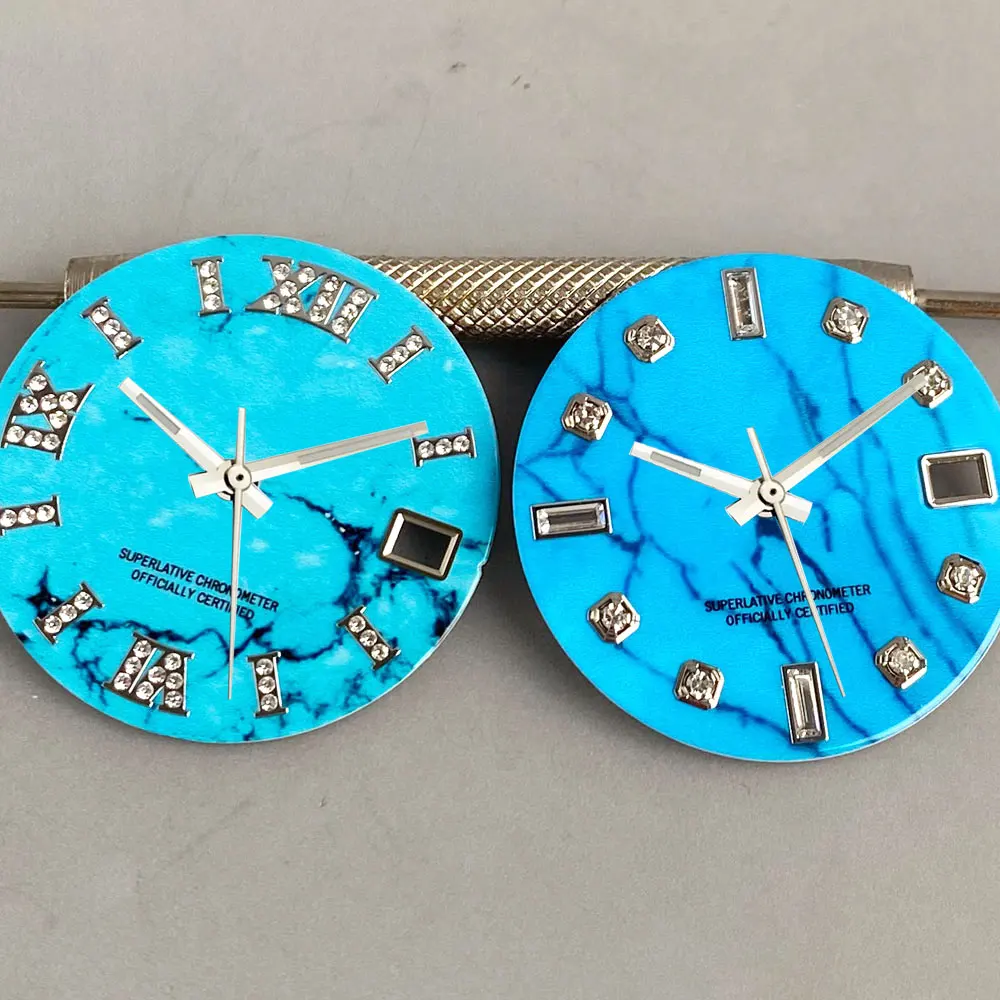 28.5mm Sky Blue NH35 Watch Dial Silver Hands Set Roman Numerals Diamond Marks Date Window Watch Parts fit NH35 Automatic Movt