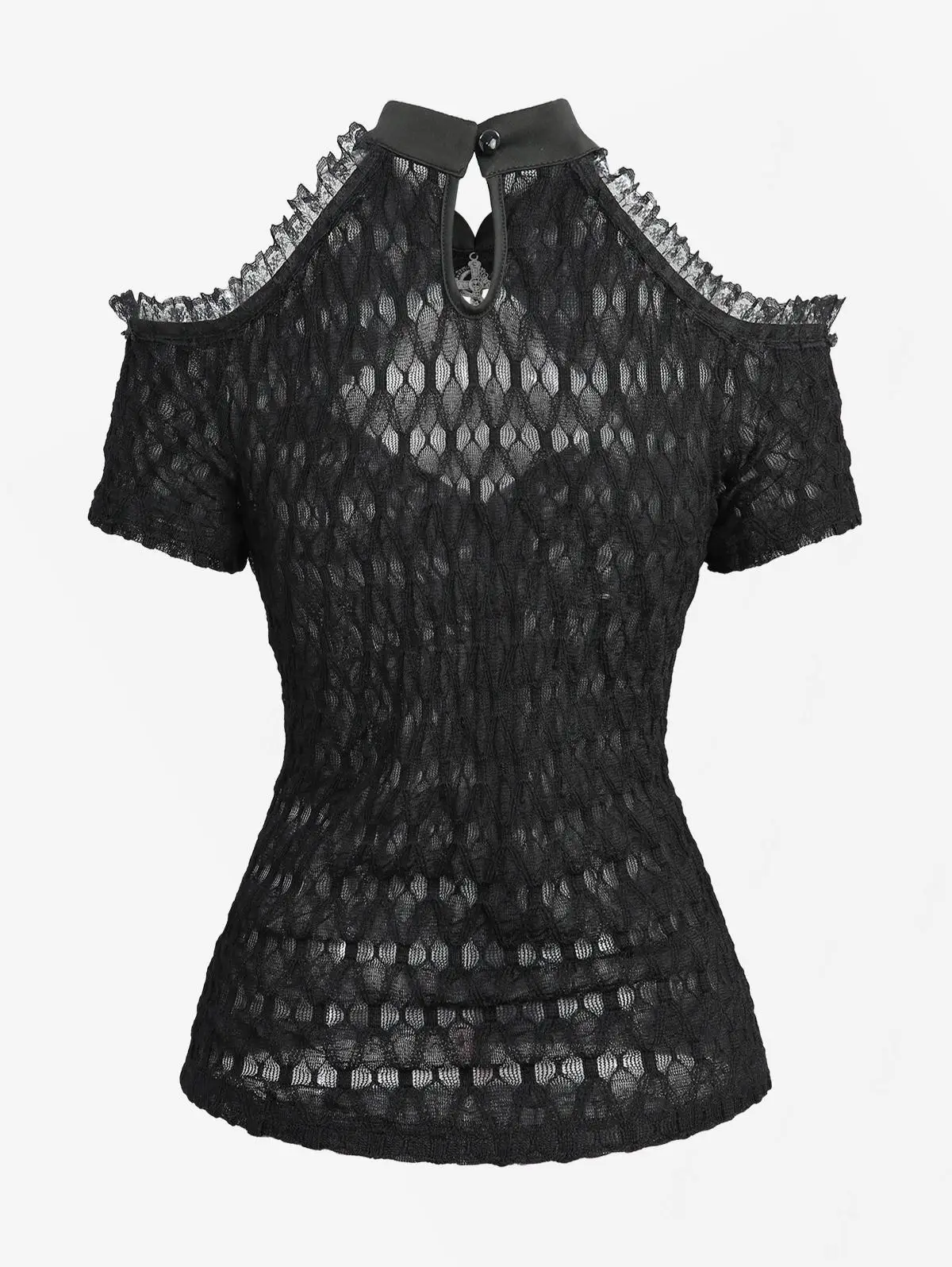 New Gothic Cold Shoulder Tops Women\'s Crochet Mesh Semi See Through Shirt with Cut Out Panels, Twist Front Cropped T-Shirt