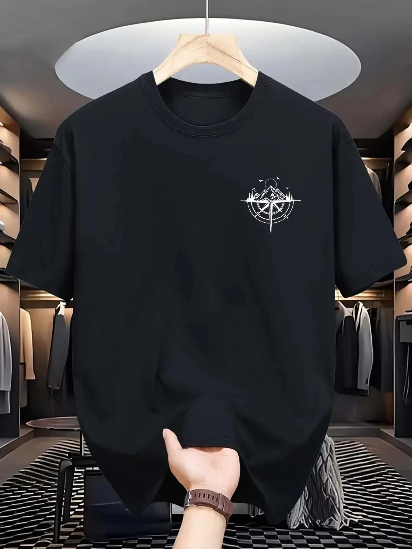 Sommer-T-Shirt für Herren aus 100 % Baumwolle mit Mountain Compass-Grafikdruck, lässig, locker, sportlich, bequem, Rundhalsausschnitt, kurzärmelig – Detail 2