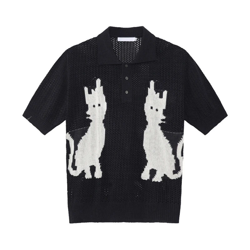 WTHT العصرية الرجال الكرتون طباعة زر الجوف خارج تصميم تي شيرت موضة قصيرة الأكمام التلبيب بلوزات فضفاضة الذكور 2025 الصيف 2A0588