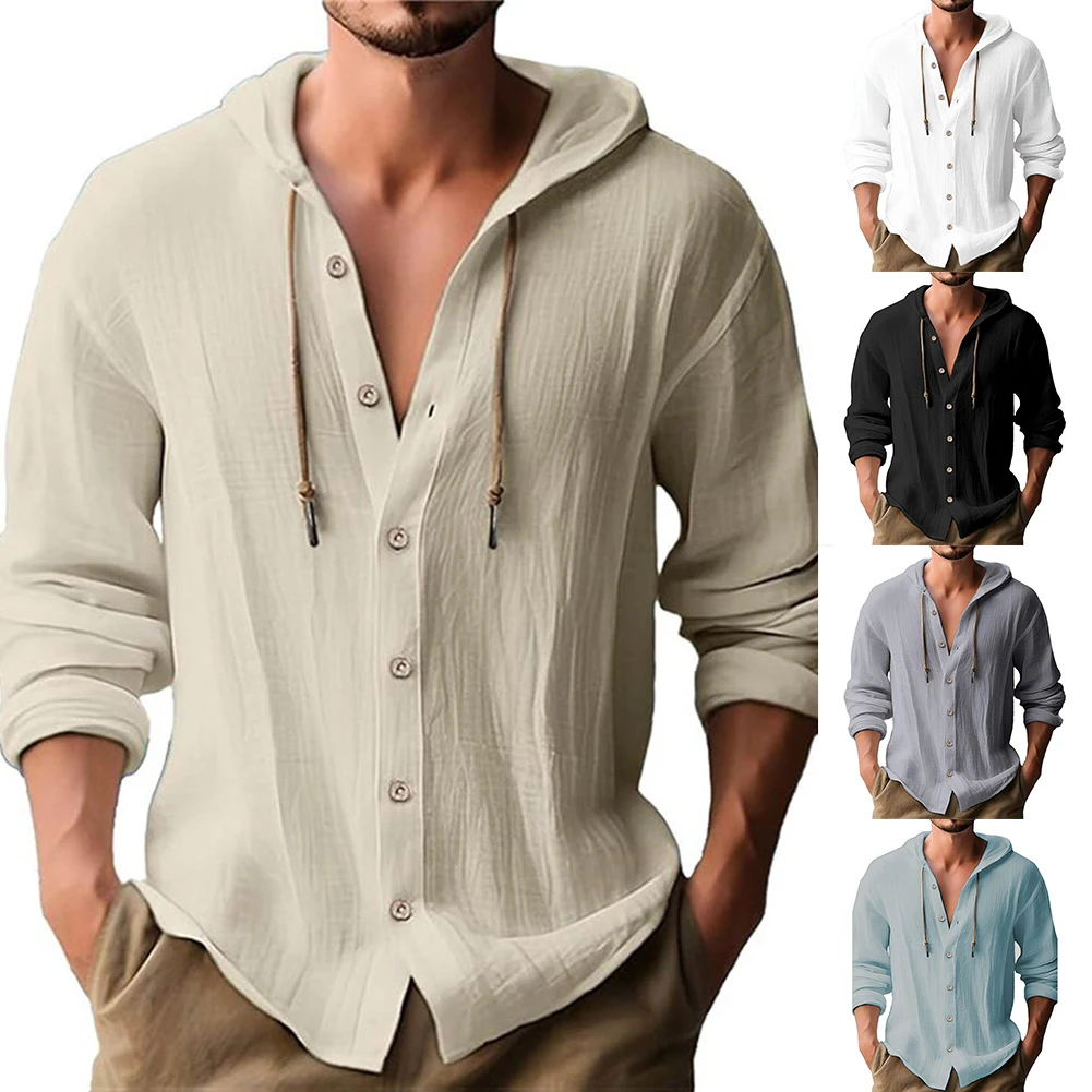 Men Streetwear Long Sleeve Hoodie Cardigan Button Tops Casual Hooded Shirt Beach Loose Party Daily Wear