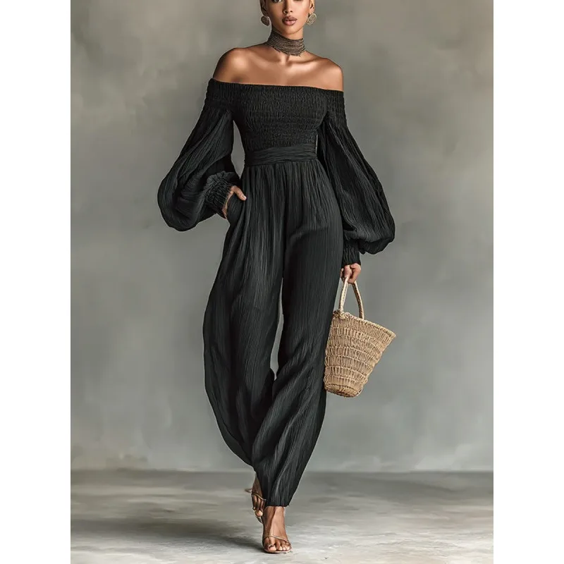 Elegant Women Off Shoulder Corset Jumpsuit Puff Long Sleeve Pocket Solid Holiday Beach Party Wide Leg Romper Overalls One Pieces