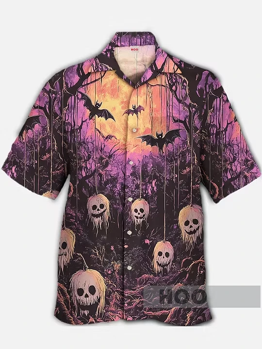Men's Hawaiian Short Sleeve Shirt Dark Skull Red Flower Tree Sunset Mountain Print Gothic Casual Party Mens Clothing