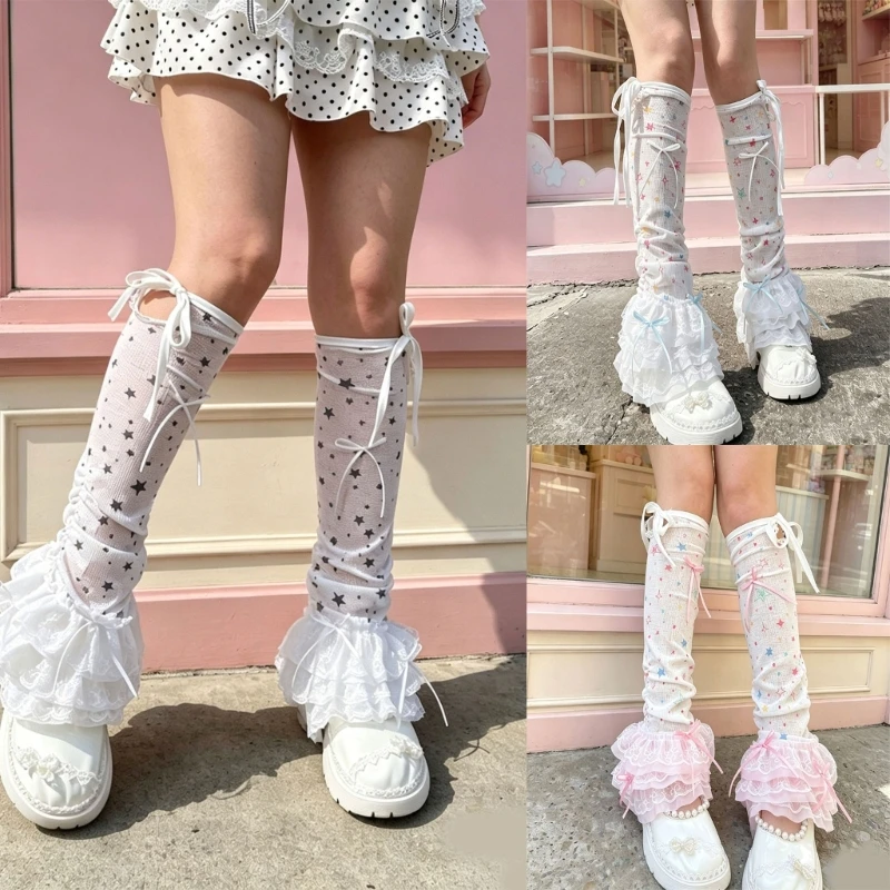 652B Elegant Loose Knee Socks Layered Ruffle Lace Star Leg Warmers Covers Footwear