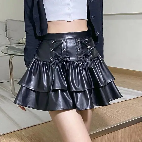 

Korejpaa Lolita Black Skirts American Retro Strap PU Leather Skirt High Waist Bow Fold Skirt Subcultural Harajuku Y2k Clothes