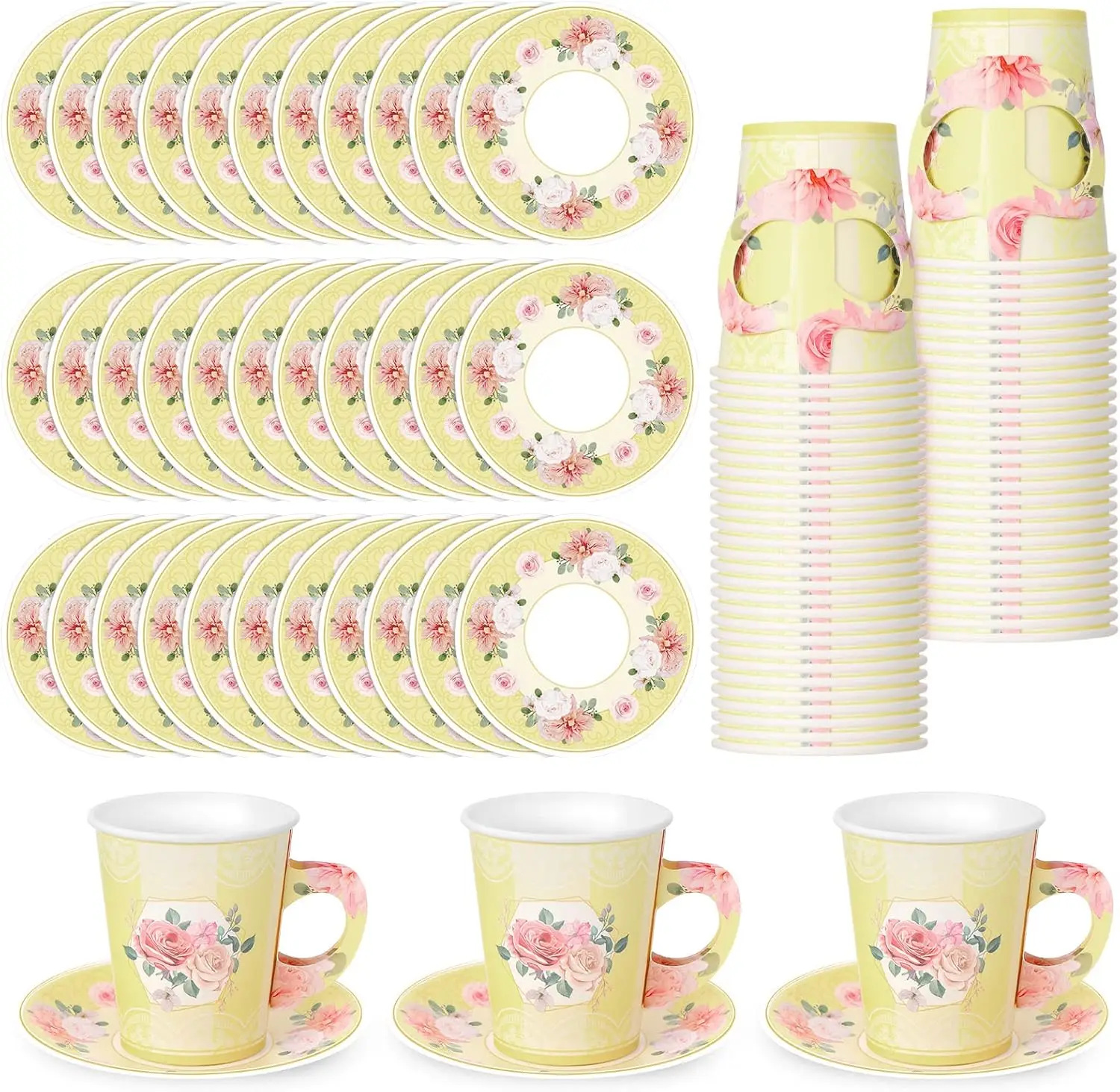 

100 Pcs Disposable Tea Party Decorations 9 oz Floral Paper Cup with Handle and Saucer Set for Mother Day Wedding Birthda