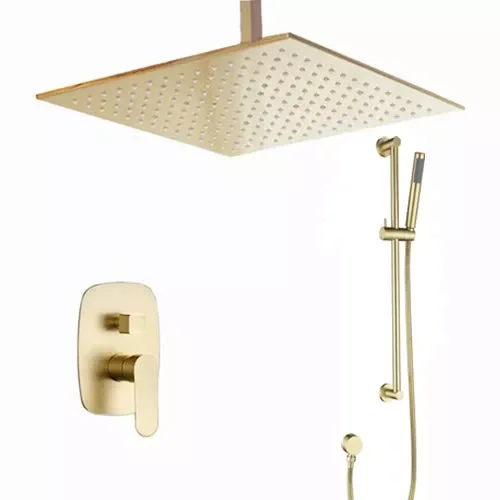 Brushed Gold 16 Inch Professional Ceiling Concealed Brass System Sliding Bar Shower Set