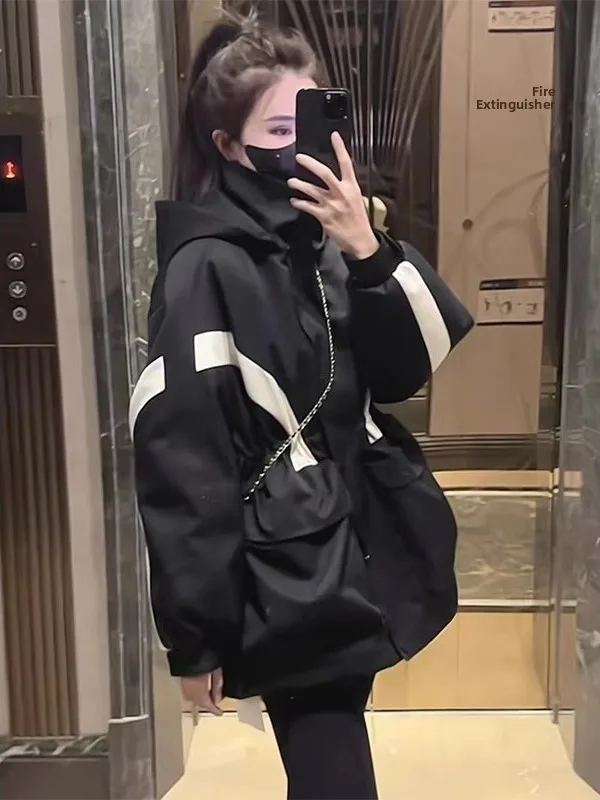 

Женская утепленная пуховая куртка с капюшоном 2025 года, зимняя, теплая, с цветными блоками, хлопковая, с длинными рукавами, на молнии, в корейском стиле