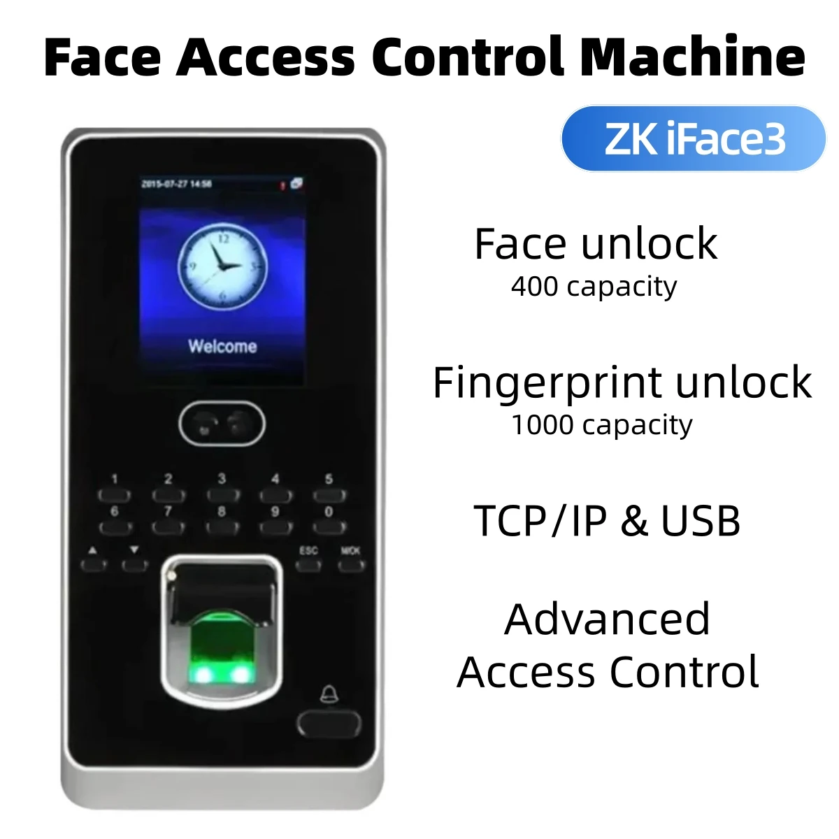 Biometric Face Access Control Terminal ZK iFace3 Fingerprint Recognition Password TCP/IP USB Data Export Wiegand for Office