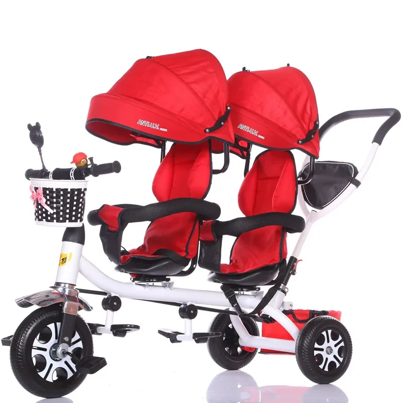 Twin Tricycle for Children, Double Baby Trike, Baby Stroller, 3 Wheel Bicycle, Kids Tricycle