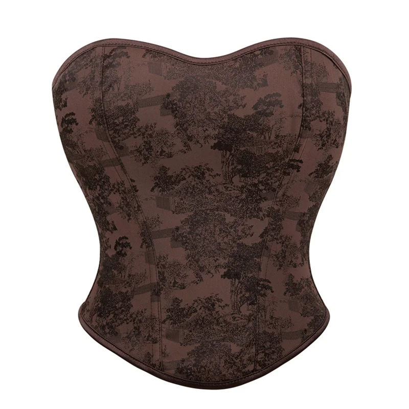 

Coffee Brown Corset Women Vintage Landscape Print Shapewear Back Lace-up Strap Adjusted Fashion Bustier Outfits