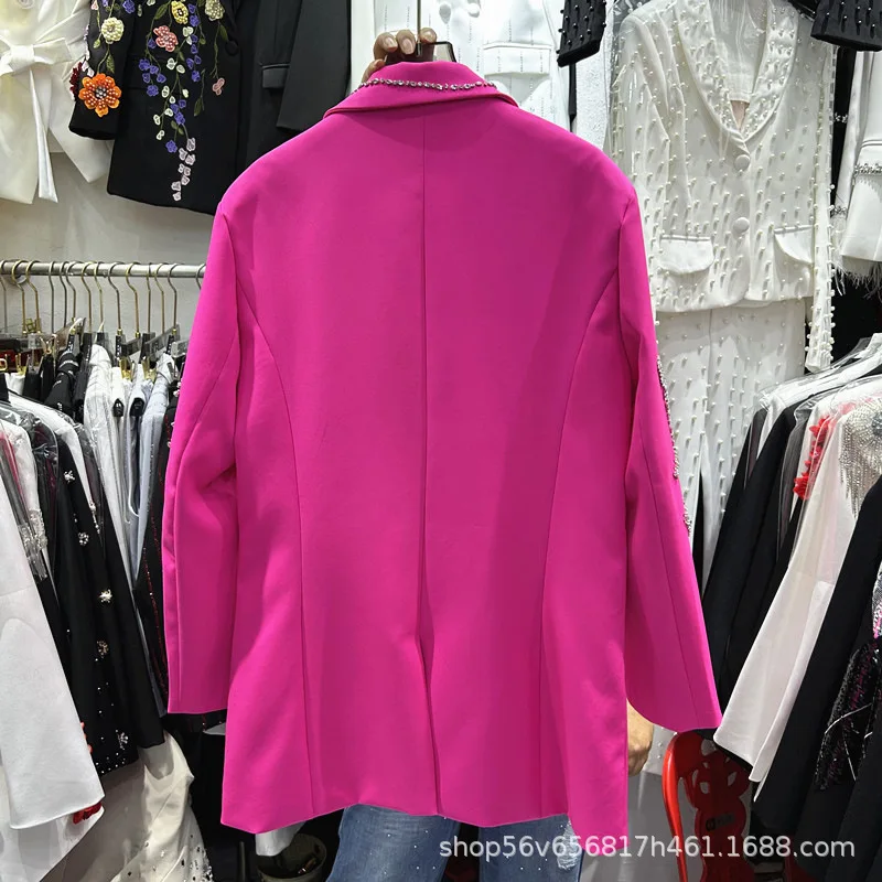 أزياء سيدة الوردي البدلة سترة جديدة الخريف كل مباراة منتصف طويلة مزدوجة الصدر الحلل أنيقة طويلة الأكمام الماس النساء معاطف