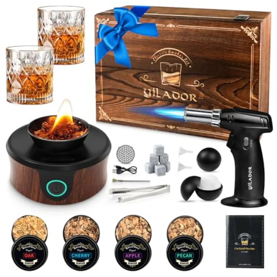 

Electric Whiskey Smoker Kit with Torch Premium Wooden Box 4 Wood Chips Ice Molds Recipes Cocktail Smoker Kit for Bourbon and Ol