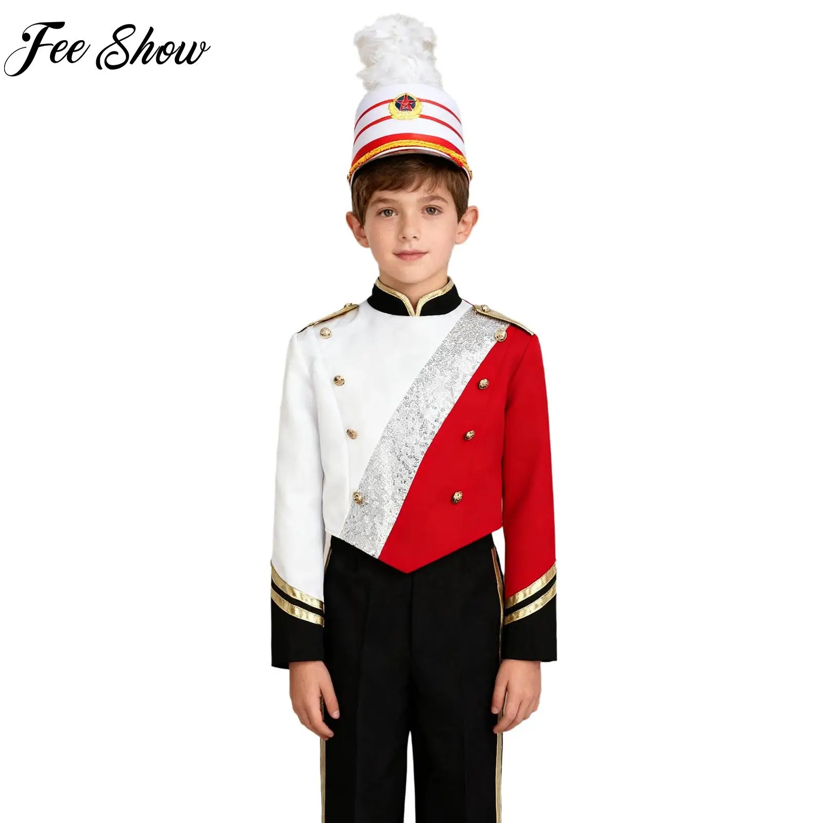 

Children Boys Drum Major Team Uniform Outfit Marching Band Costume Long Sleeve Top Hat Drummer Team Outfits Halloween Carnival
