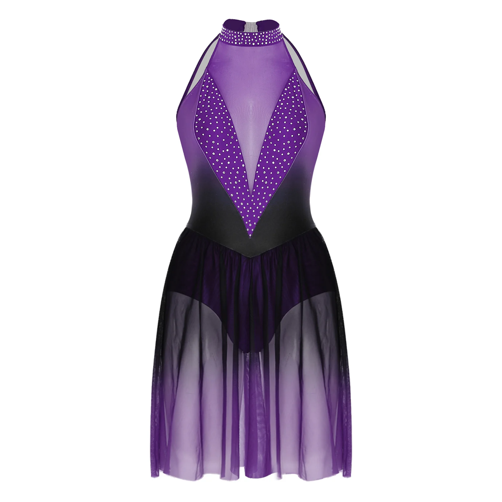 

Choreography Competition Costume Avant-Garde Halter Design Rhinestone Gradient Sheer Mesh Cutout Back Movement-Enhancing Attire