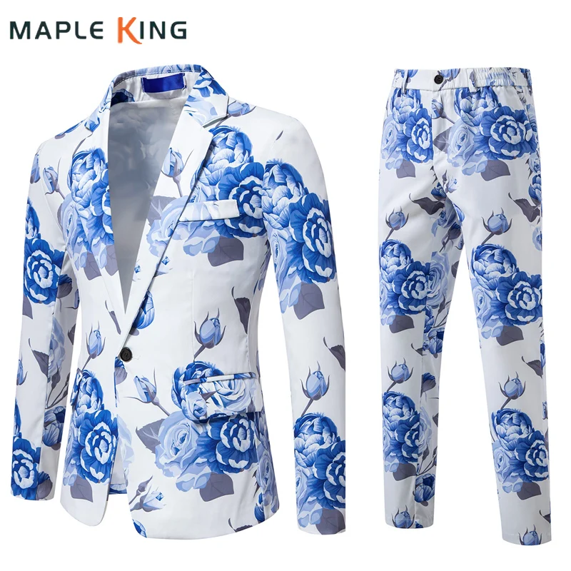 

Винтажный пиджак с цветочным принтом, элегантные комплекты брюк Hombre, джентльменские облегающие костюмы на одной пуговице, куртки, длинные брюки, праздничное платье
