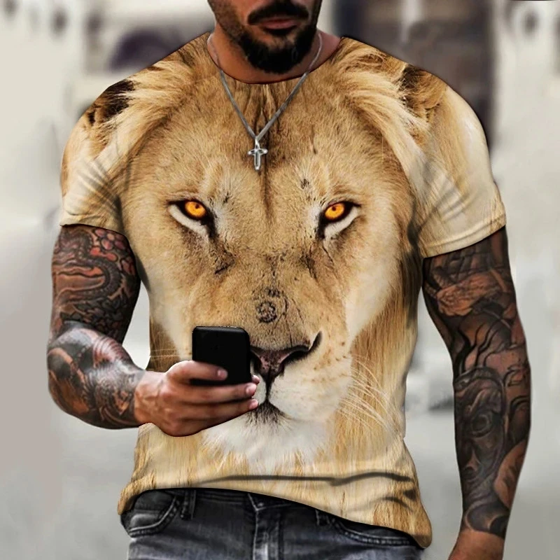 Verão masculino em torno do pescoço camiseta moda impressão 3d leão padrão camiseta moda lazer tendência novo topo rua moda harajuku