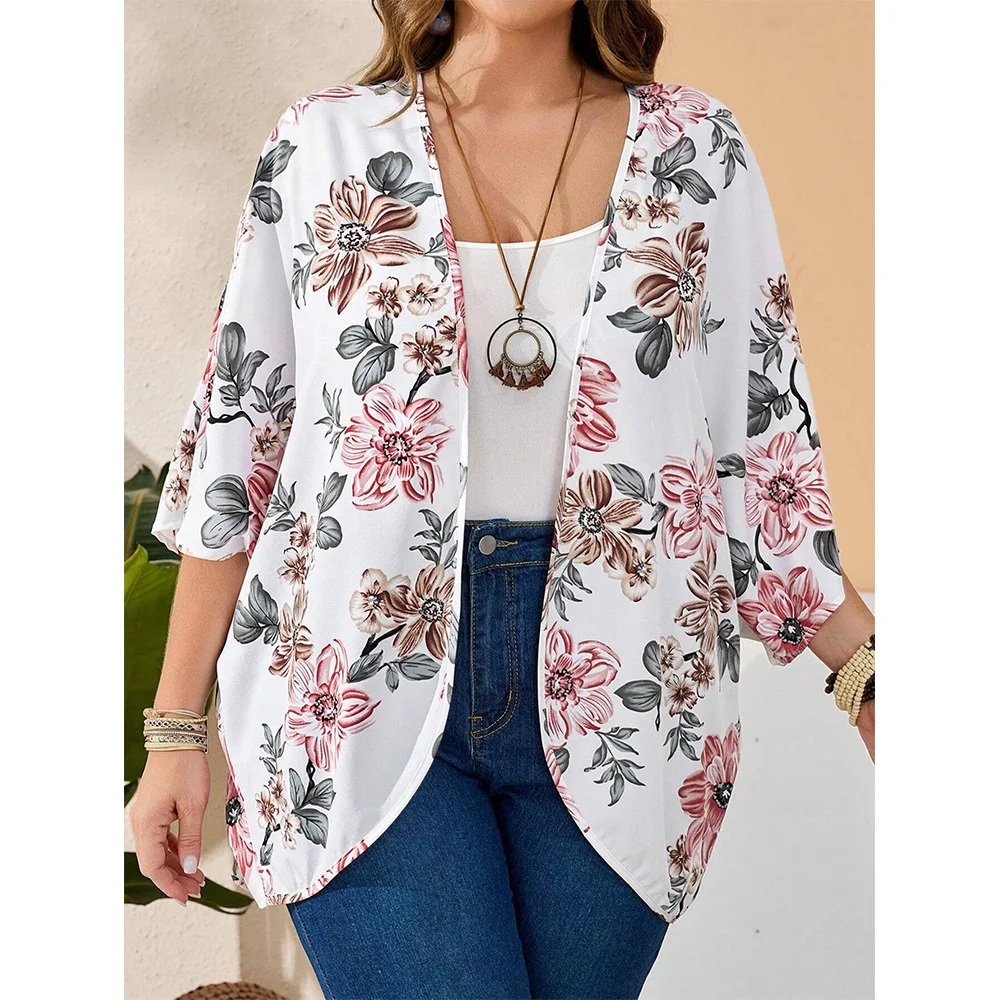 Open Front Cover Up Kimono Casual Beach Wear Kimono Spring & Summer Women\'s Flower Print Puff Sleeve Kimono Loose Cover Up