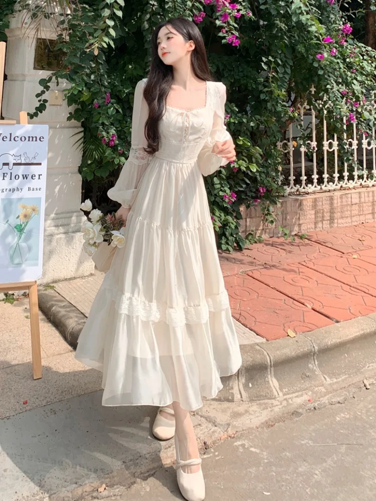 

plus Size Square Collar Long Skirt Dr Women Spring Autumn New Sweet Soft Waist Cinching Slimming Chiffon Dr