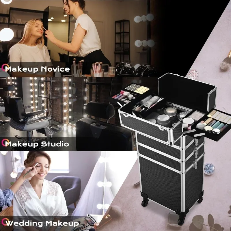 Rolling Makeup Train Case 4in1 Cosmetic Trolley Organizer Travel Case Lockable Salon Barber Case Traveling Cart Trunk