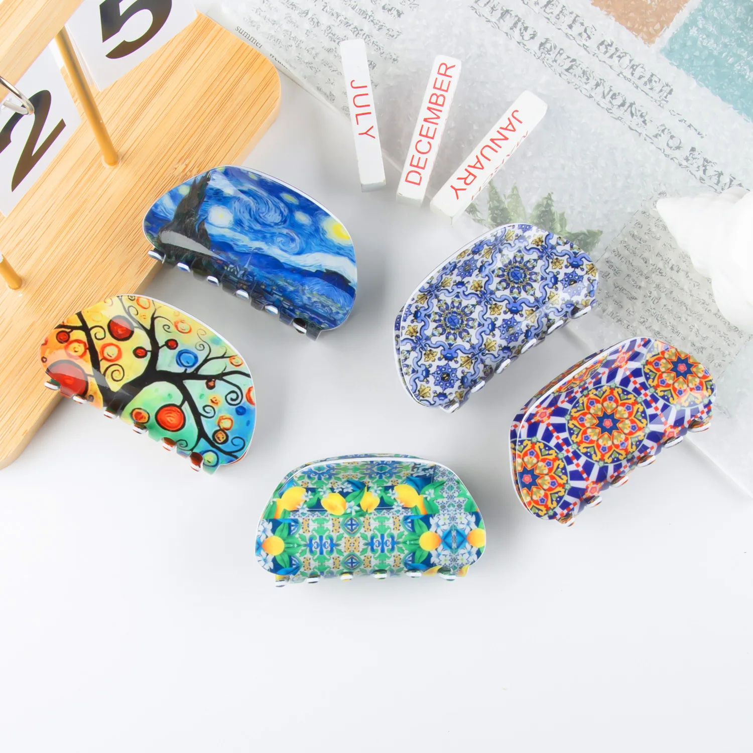 1 clip de paisaje de campo de medio círculo, nuevo producto, pinza para el cabello de tamaño mediano, accesorio para el cabello nocturno, pinza para el cabello