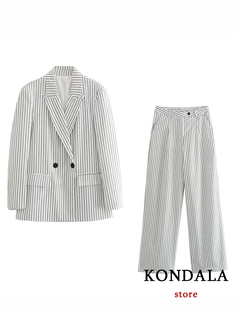 KONDALAVintage Striped Office Lady Women Suit Fashion 2023 autunno pendolare manica lunga Casual Blazer pantaloni a gamba larga a vita alta