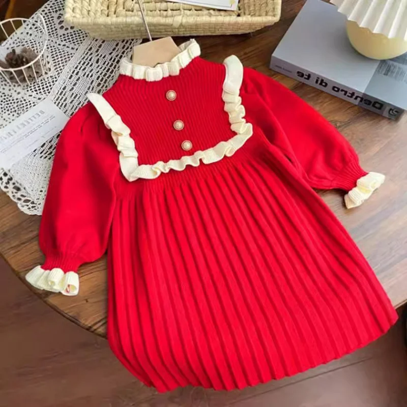 Girl's Sweater Skirt Spring and Autumn2024New Western Style Baby Girl Knitted Dress Children Red Princess Dress