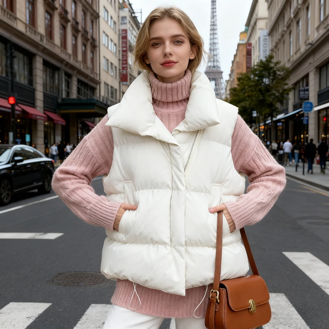 

Women Vest Parkas Zipper Stand Collar Solid Vests Sleeveless Loose Basics Casual Pockets Outerwear Spliced Basis Autumn Winter