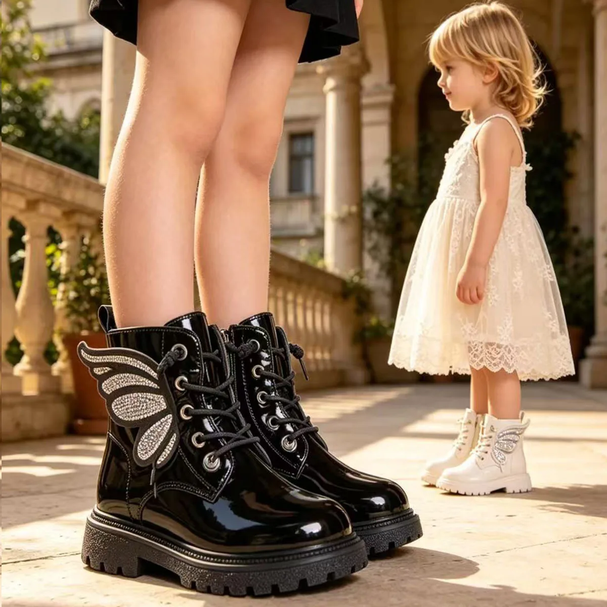 New Children Autumn Winter Casual Wing Mid-Calf Boots Kids Girl Bow Slip-Resistant Short Boots Baby Warm PU Leather Boots Casual