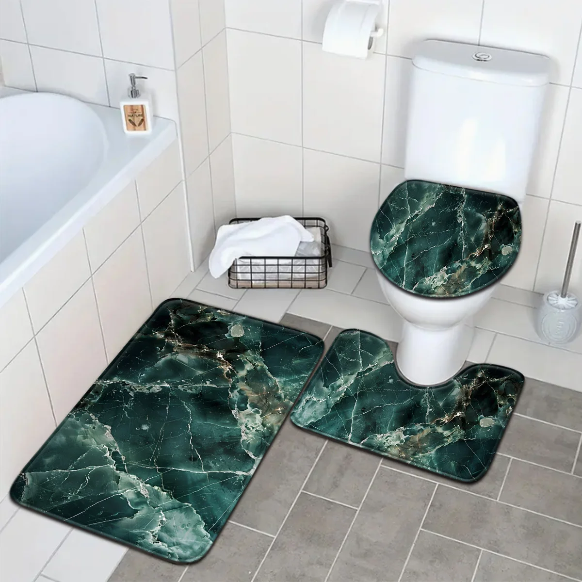 

Элегантный коврик для ванной из трех частей с бирюзовым мрамором и сиденьем для унитаза и U-образной подставкой для ног для украшения ванной комнаты