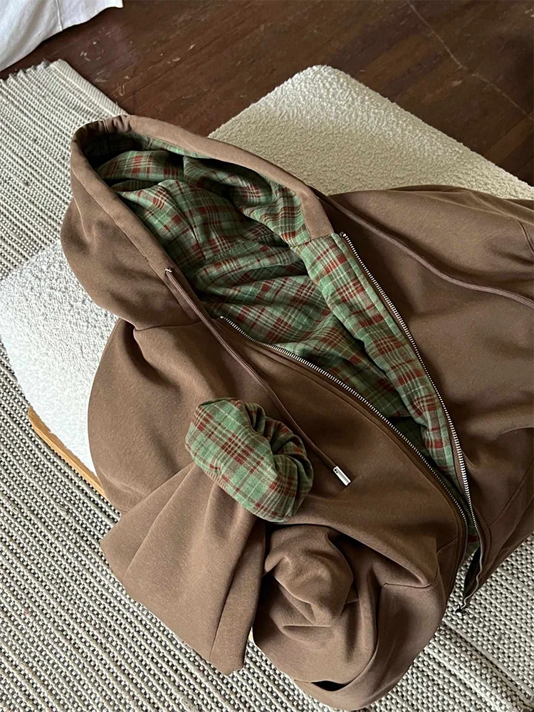 Women's Brown Plaid Sweatshirt Vintage Streetwear Korean Fashion Harajuku Aesthetic Hoodies Sweatshirt Top Clothes Autumn 2024