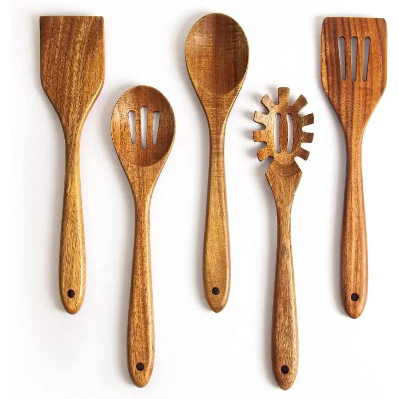 Acacia Wooden Spoons for Cooking: 5-Piece Kitchen & Cooking Utensils Set - Wooden Spatula, Slotted & Pasta Spoon