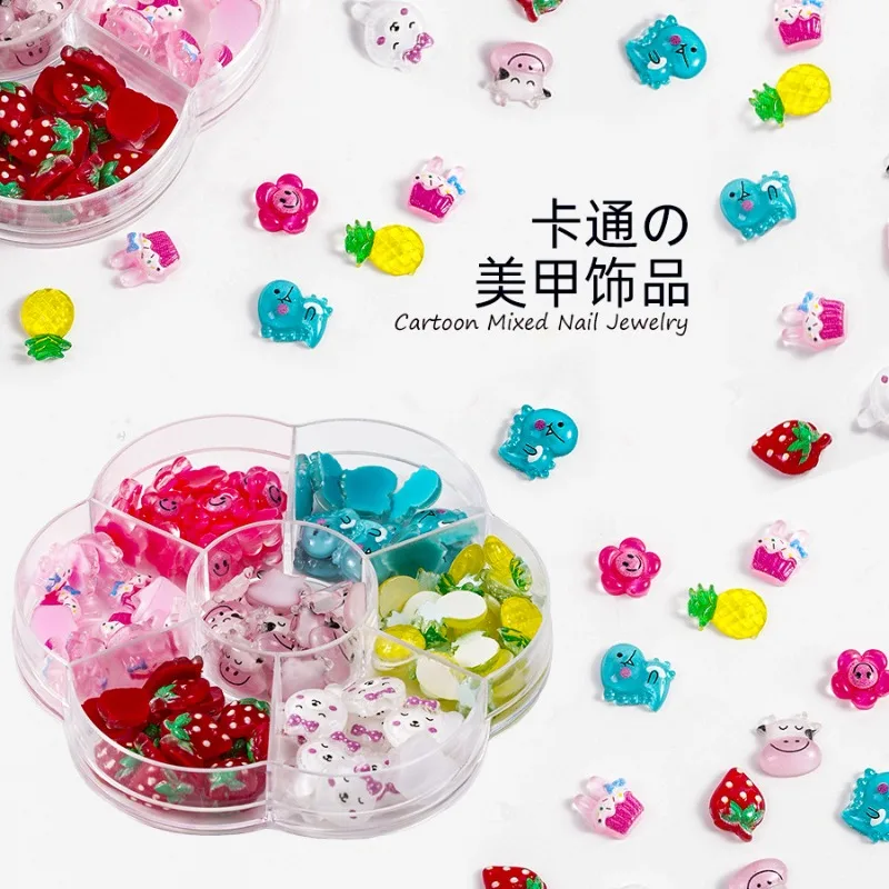 

New 7-grid Plum Blossom Storage Box Cartoon Nail Jewelry Set Flower Cute Simulation Fruit Resin Mixed DIY Nail Decoration