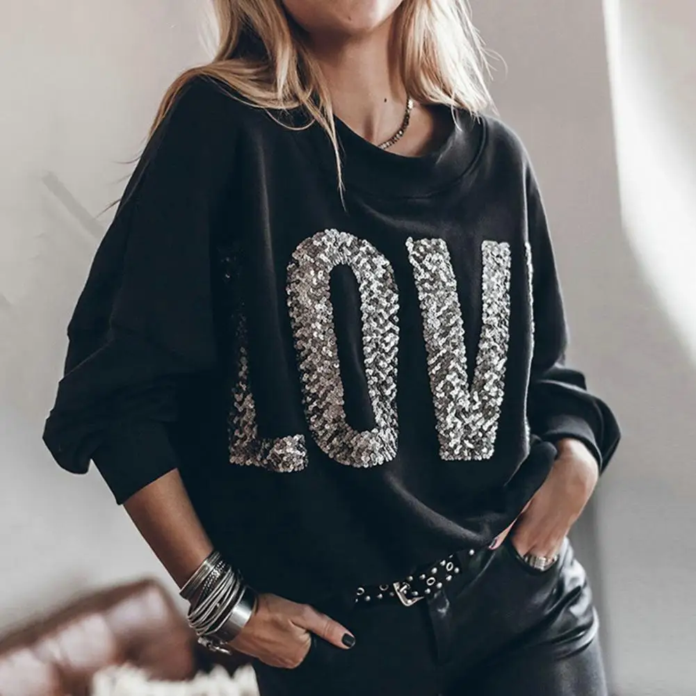 Women Top Sequin Decor Loose Bat Sleeve Blouse Women's O Neck Pullover with Letter Pattern Color Matching for Fall Spring