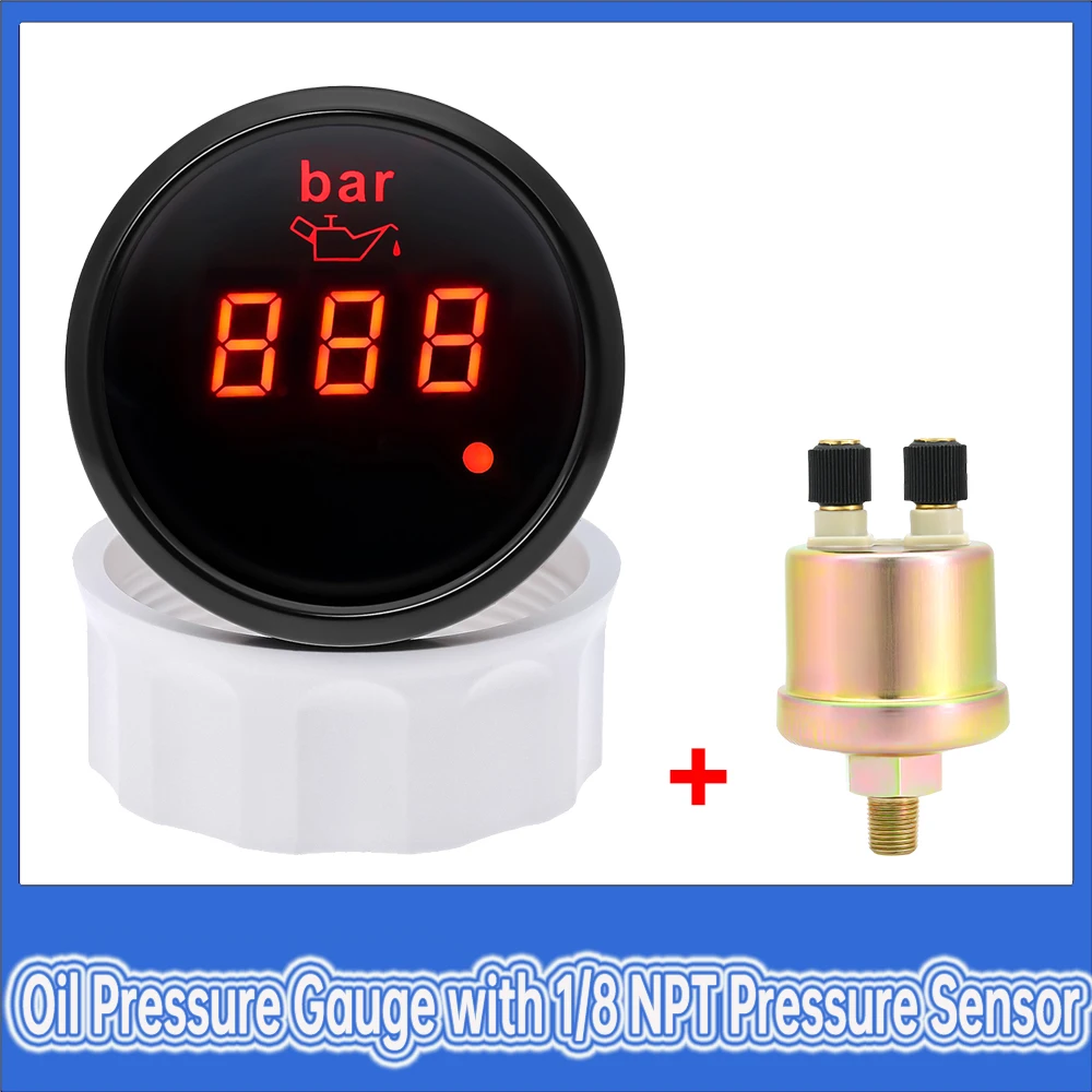

52mm Oil Pressure Gauge with Alarm 0~10 Bar Digital Oil Press Meter+Sensor with Red Backlight for Auto Car Boat Marine 12V 24V