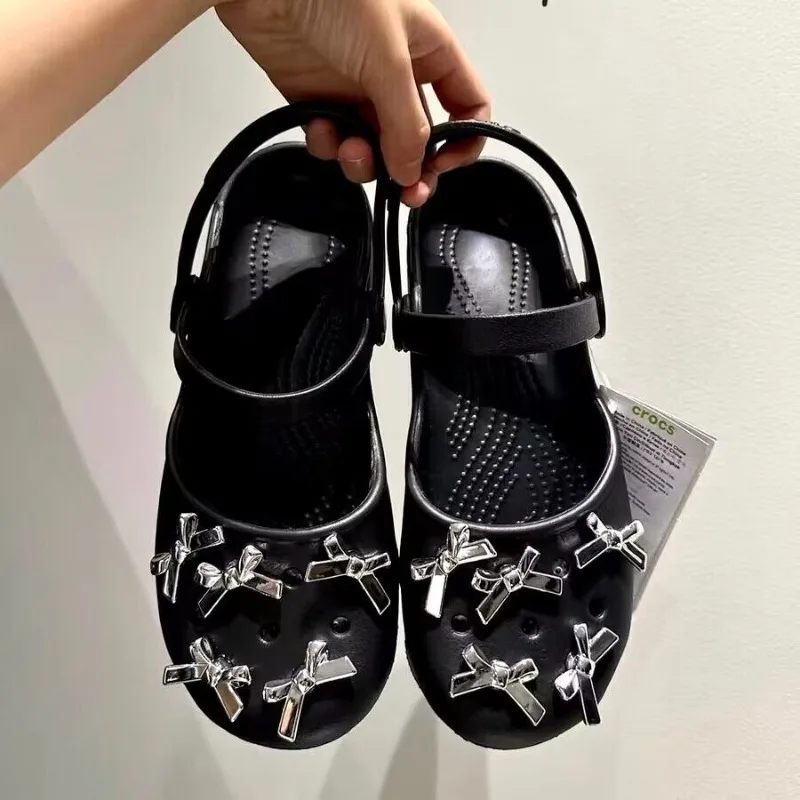 DIY Hole Shoes Buckle Decoration Cute Bow Button Garden Sandals Accessories Beach Slippers Silver Charms Girls Party Gifts 10pcs