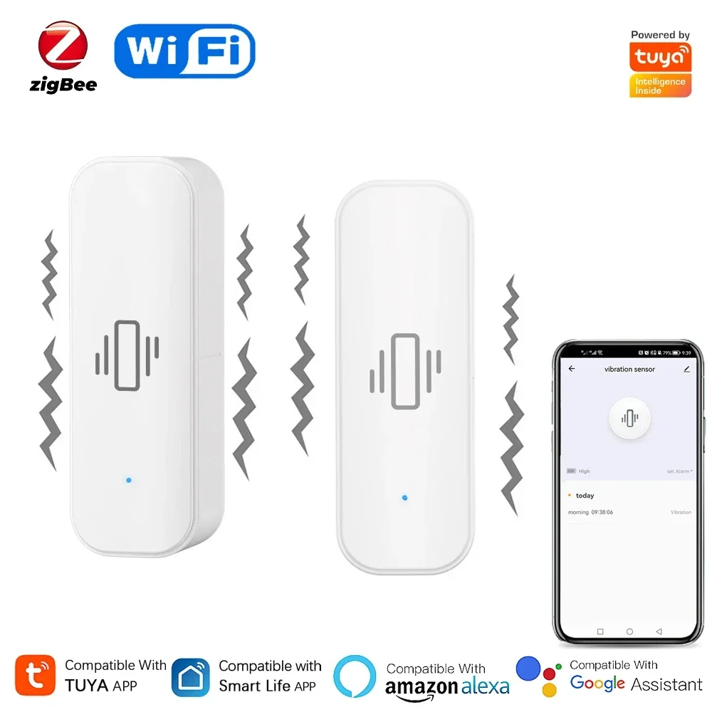 Tuya WiFi/Zigbee Smart Vibration Sensor Home Security Protection Smartlife App Real-time Remote Monitor Alarm Notification