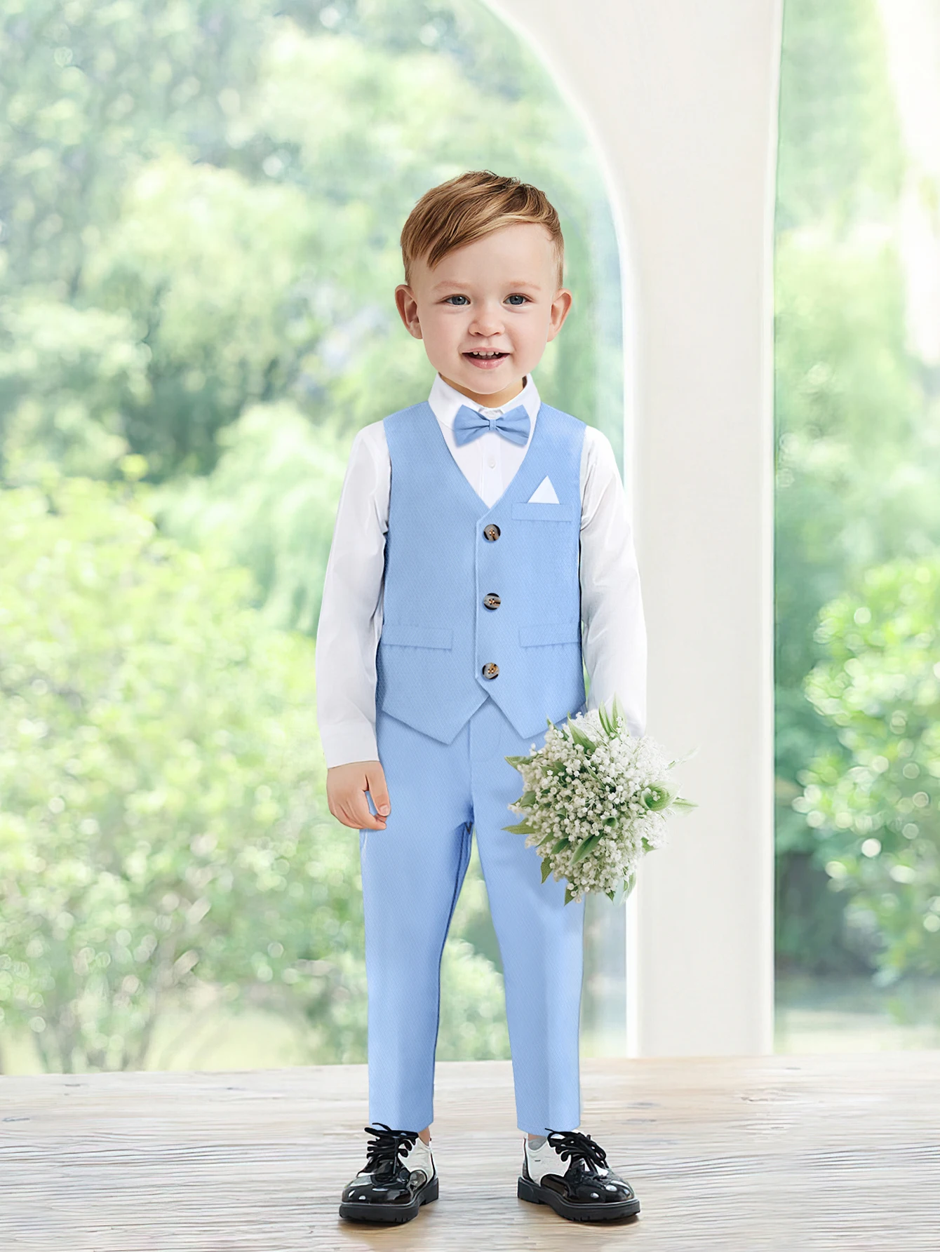 Boys Suit Kids Slim Fit Dresswear Toddler Boy Clothing with Vest+Shirt+Bow Tie+Pants Boys Gentleman Outfits for Age 3-7 Years