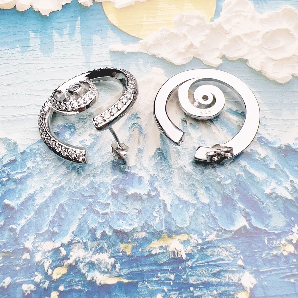 Runde Welle mit Steinen Ohrstecker Europa Feiner Schmuck für Frauen Brandneues trendiges Sommergeschenk aus echtem 925er Sterlingsilber – Detail 7