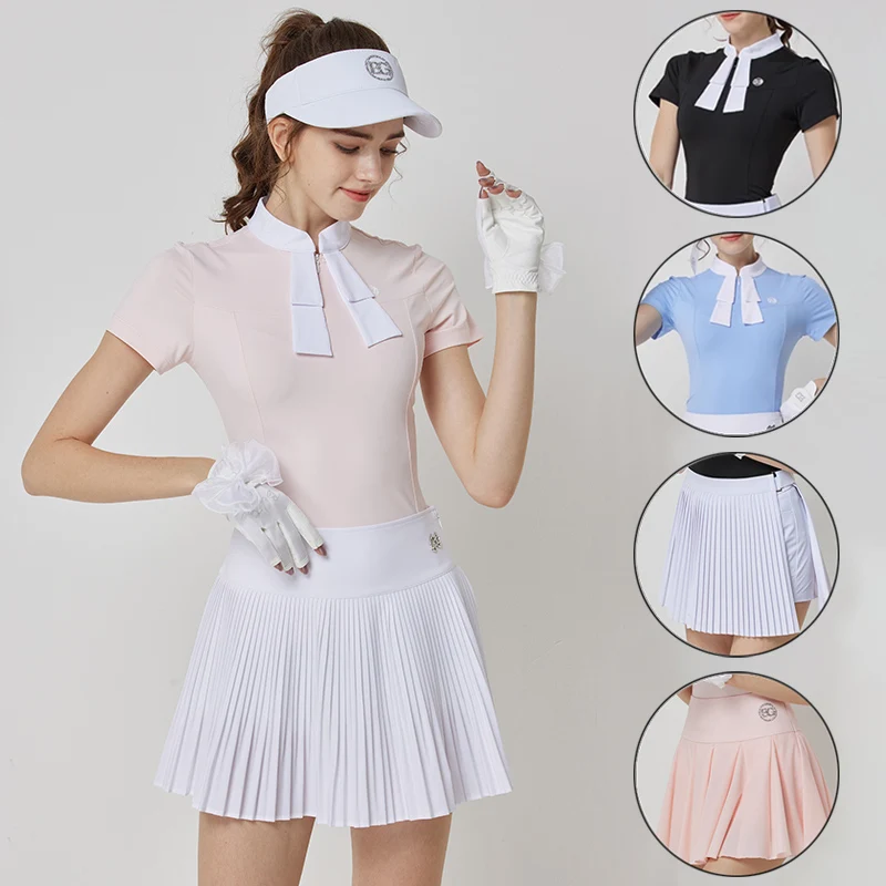 Blktee Women Breathable Golf Shirt With Bow Tie Short Sleeve T-shirt Ladies Elastic Pleated Golf Culottes Quick Dry Skirt Suits