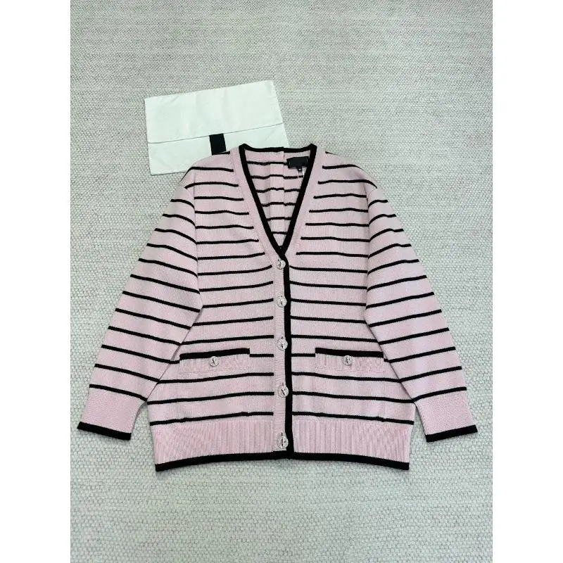 

Women's Cashmere Striped V-Neck Open Cardigan Knitted Version Spring Summer New Style Soft Fit Casual Inner Wear Chinese Brand