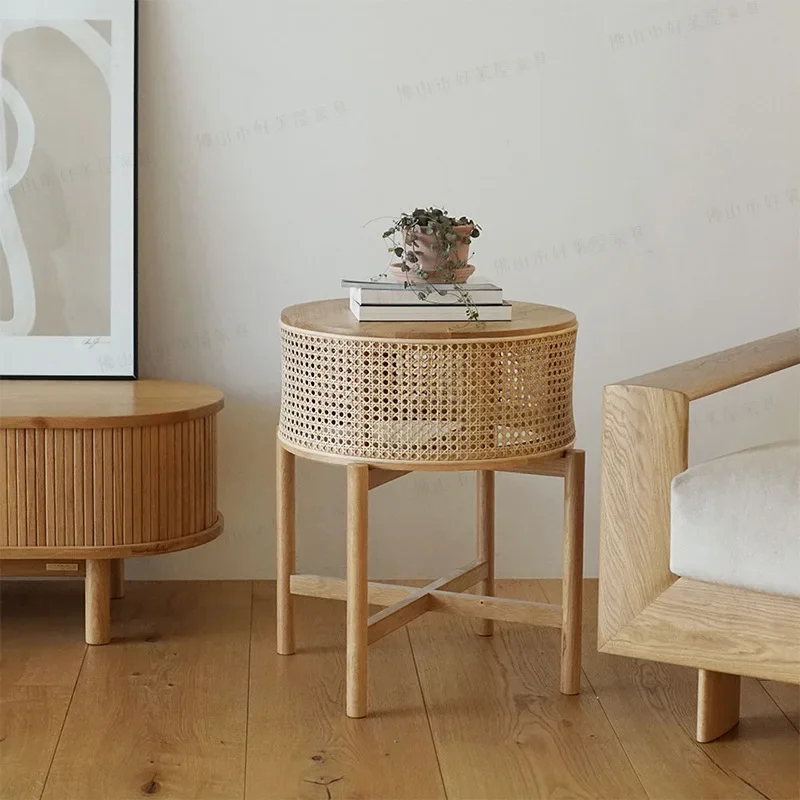 Round coffee table Modern simple bedside table Solid wood bedside cabinet Small bedroom Rattan storage Narrow cabinet